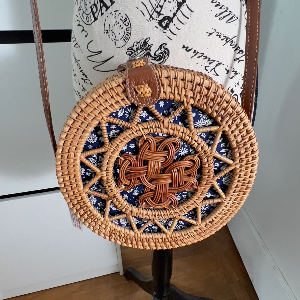 Handcrafted Tan and Blue Woven Rattan Bag (Brand New)